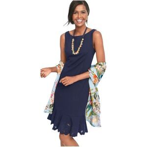 Talbots Navy Blue Ponte Sleeveless Embroidered Sheath Dress